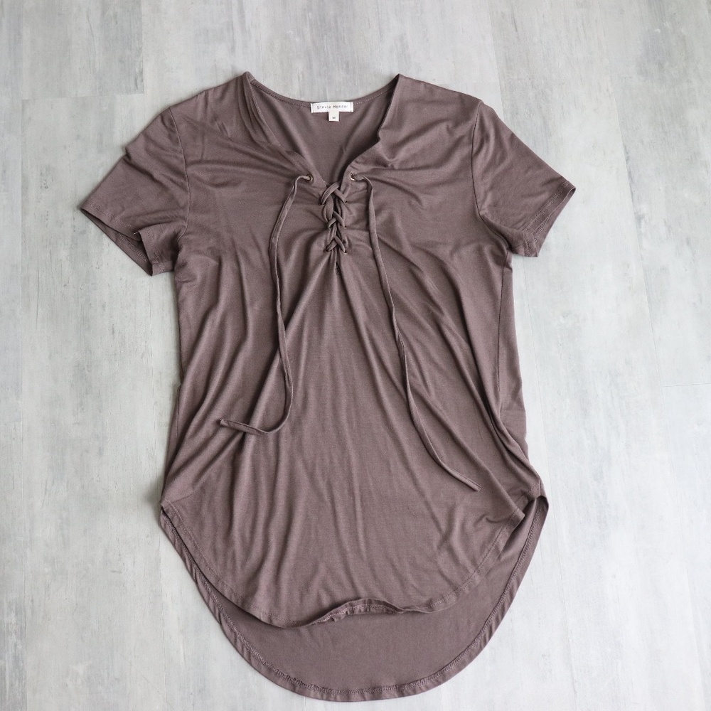 Womens Brown Tie Up Top - Medium - Short Sleeve